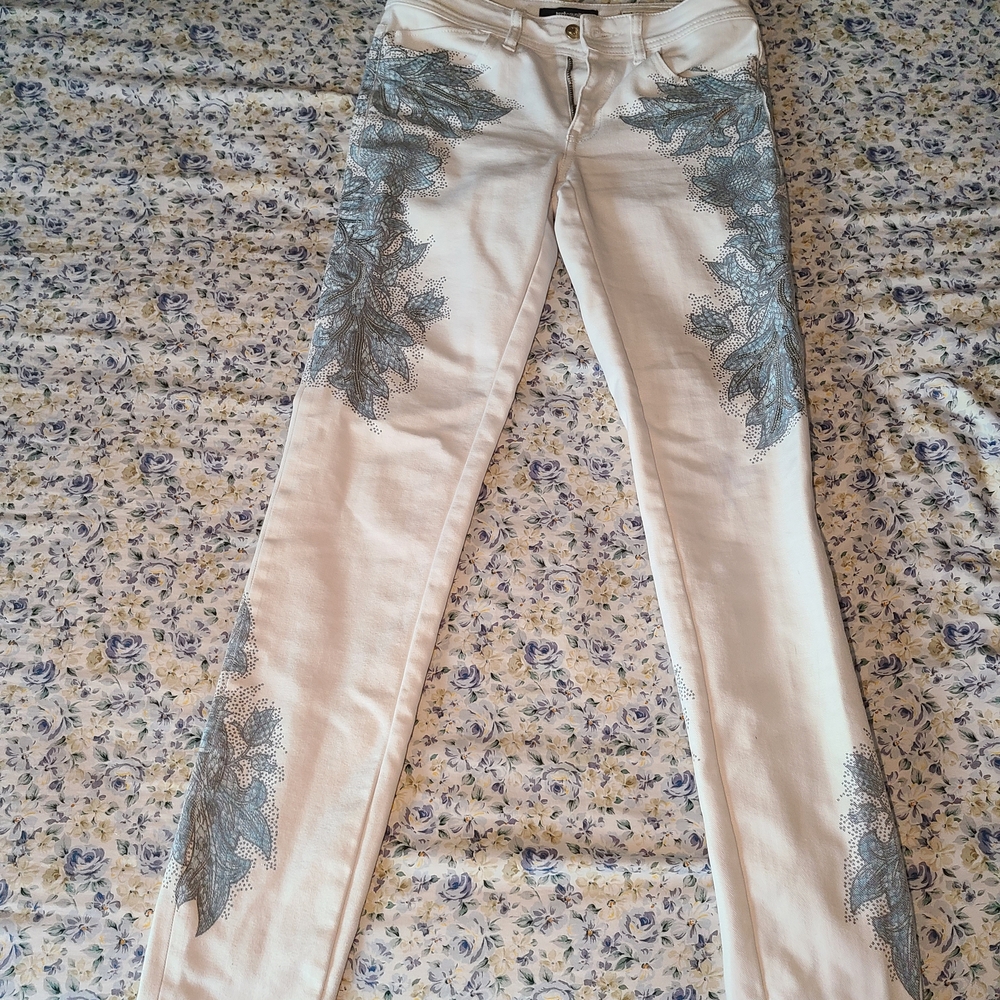 Just Cavalli Designer White Pants with Blue Leaf Design